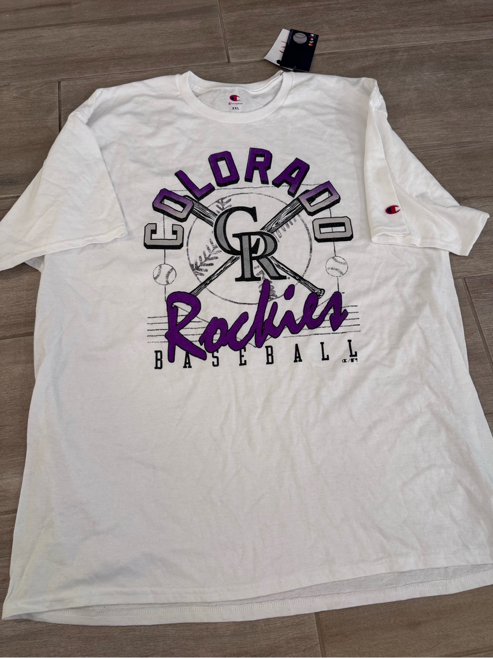 Champion White Colorado Rockies Purple & Black Baseball Tee